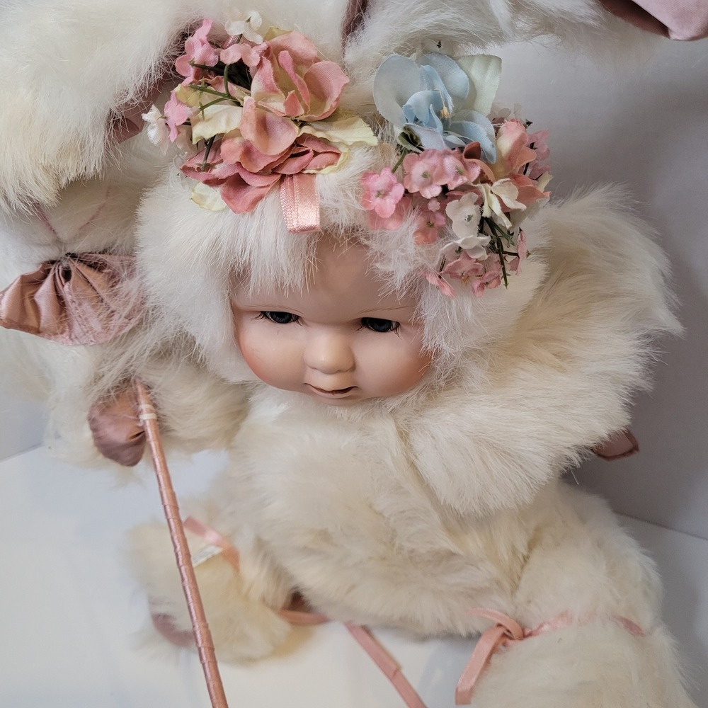 Vintage Porcelain Face Baby Doll in White Plush Bunny Suit with Floral Crown